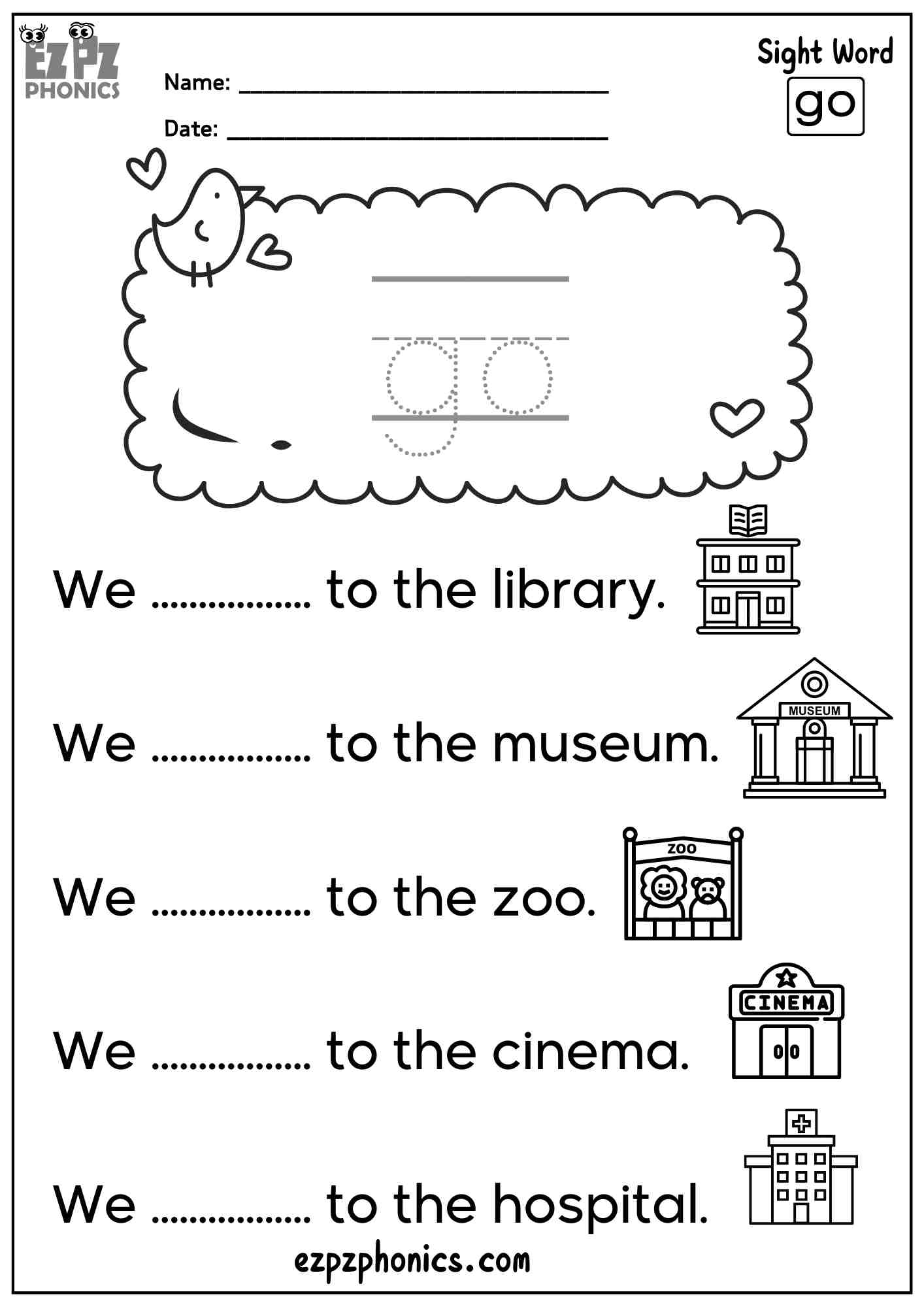 The Word “Go” - Dolch Pre-Kindergarten Sight Words Sentences Worksheet – Free PDF Download